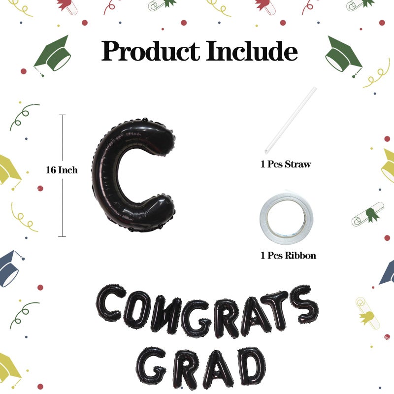 KALOR 16 Inch Black Congrats Grad Banner Balloons, Black Congrats Grad Letters Sign, Graduation Decorations 2025 for Congrats Grad Party Decorations 2025 - Image 2